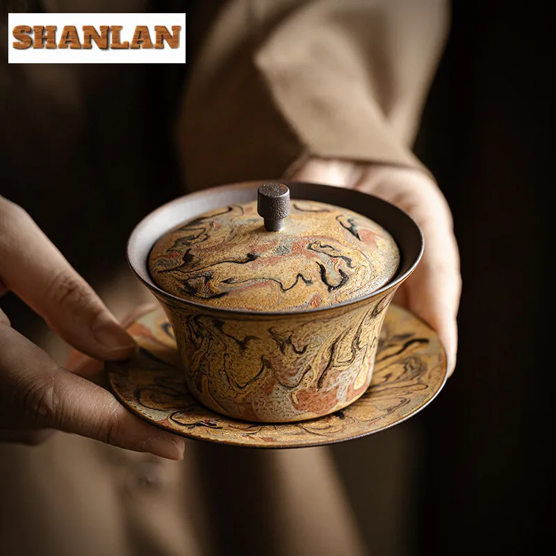 150ml Colored Mud Cover Bowl Dunhuang Oil Painting Gaiwan Handmade Tea Tureen Vintage Tea Maker Cha Kung Fu Teaware Decoration