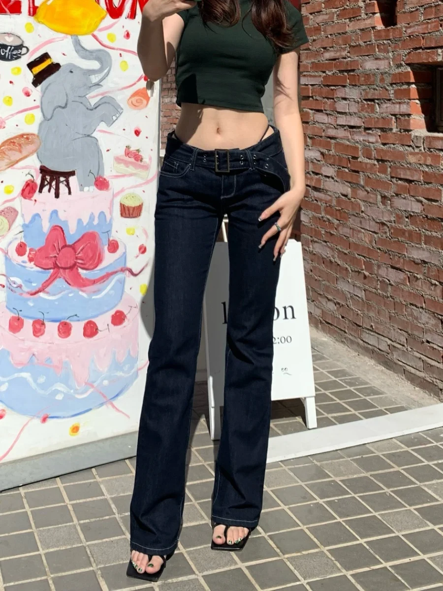 

Slimming Straight Legbell Bot Jeans Low Waist Retro American Sle Women's Elastic Denim Pants Cotton Stretch Denim