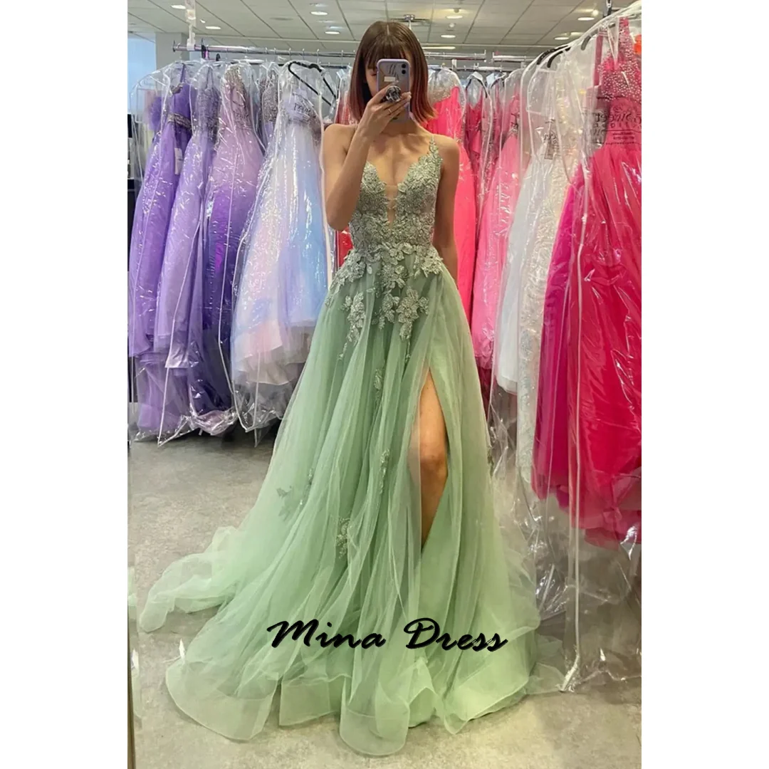 

Mina Customized Embroidered Lace Side Slits Evening Dresses Woman Elegant Luxury Evening Dress 2024 Sleeveless Backless Prom