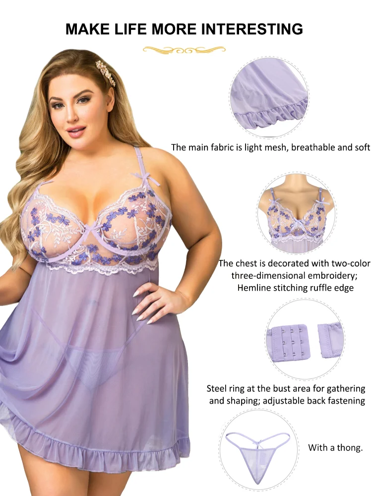 Plus Size Nightgown Women Sexy Underwear Dress Soft V Neck Lace Sleepwear See Through Babydoll Skirt Mesh Thin Lingerie Pajamas