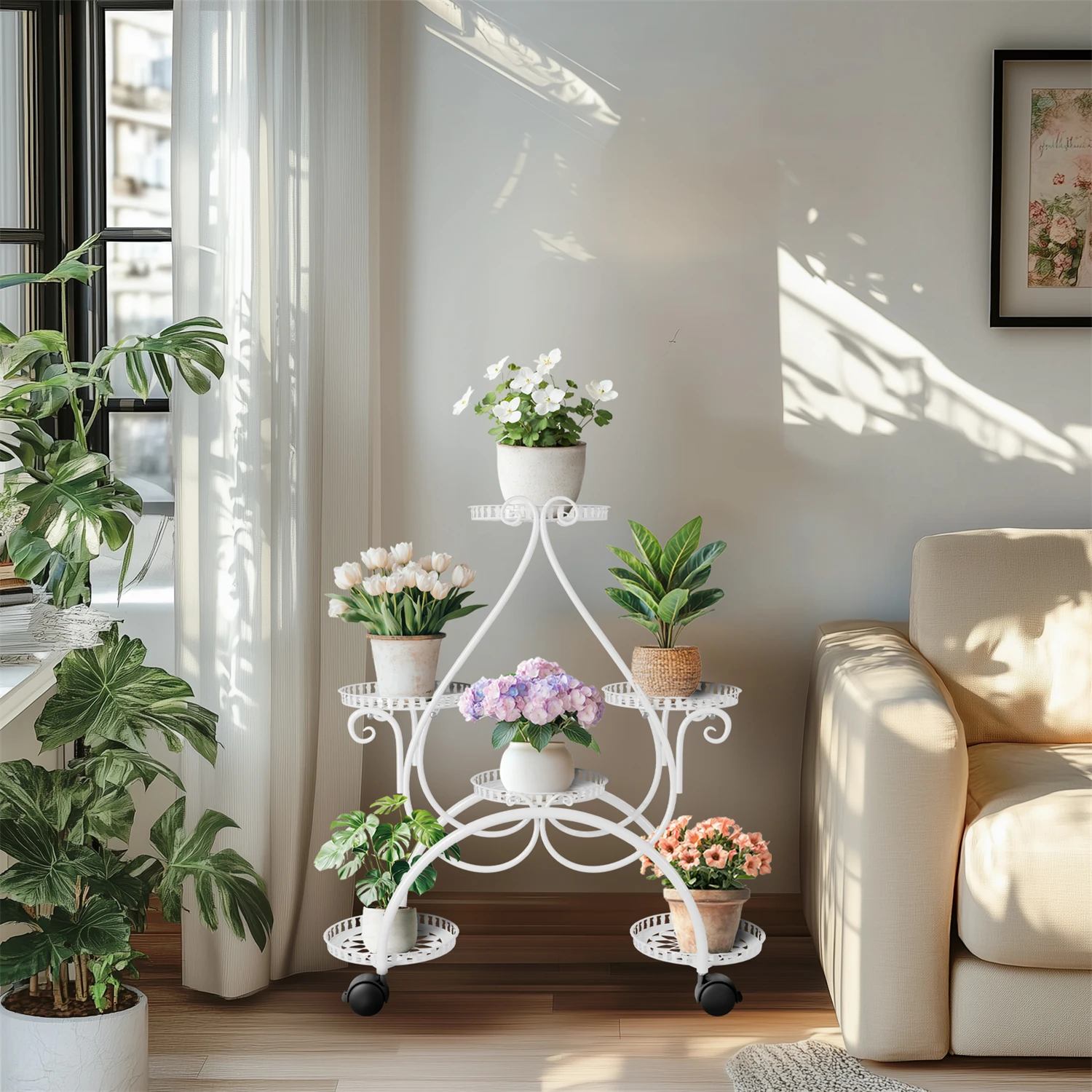 6 بوعاء نبات معدني حامل حديقة عربة مع عجلة لغرفة المعيشة شرفة حديقة اناء للزهور حامل النبات رف شاشة