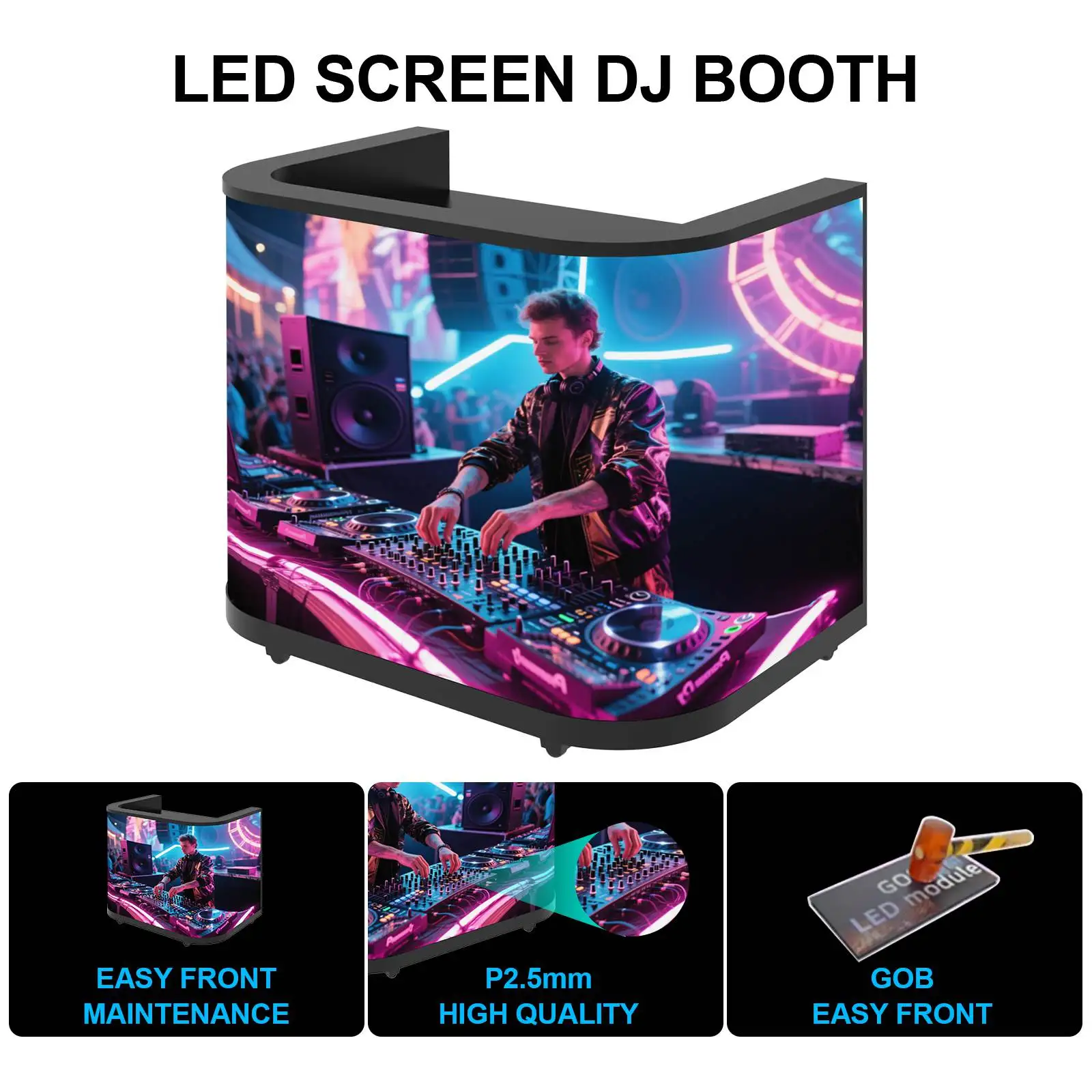 Movable Standing DJ Booth with RGB Color Changing Lights Portable & Stable DJ Console Stand LED Curved DJ Booth