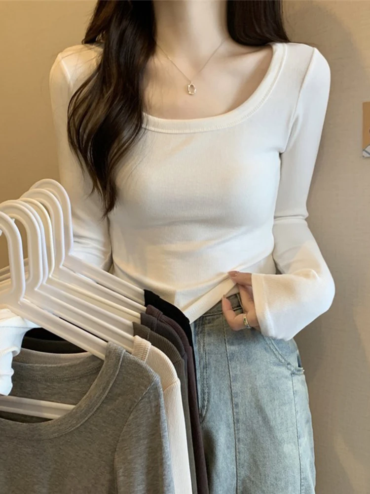 Gray Long Sleeve T-Shirt Women's Slim Fit Inner Wear Short Style Shoulder Top Spring Season Cute Japanese Style Cotton Shirt