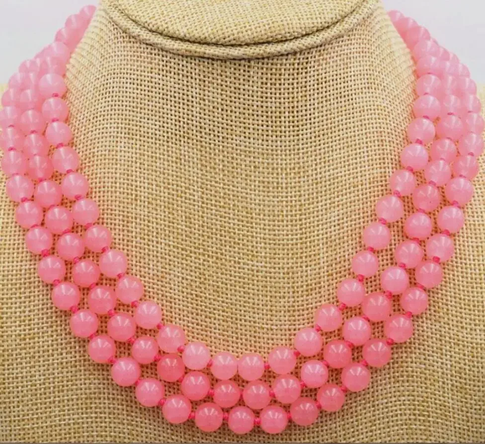 

Hot sell NEW Fashion 3 rows of 8 mm pink jade bead jewelry necklace 17-19 inchAAA