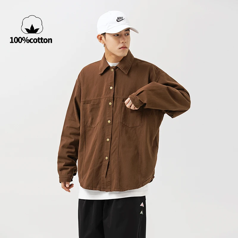 Spring Trendy Brand Oversized Silhouette Shirt Jacket, Japanese Style Pure Cotton Work Shirt 100%cotton