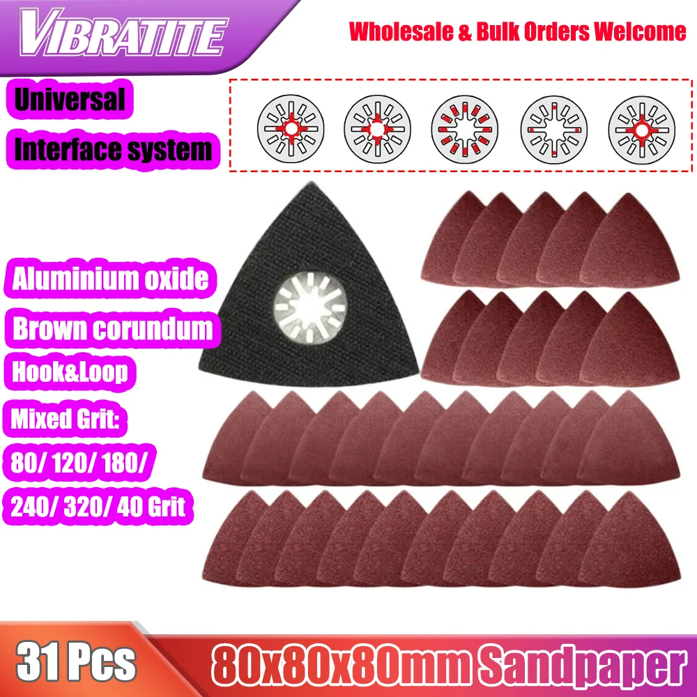 Juego de papel de lija oscilante triangular de 31 piezas, 80x80x80mm, con almohadilla de lijado triangular, gancho y bucle, grano 40-320, para múltiples orificios
