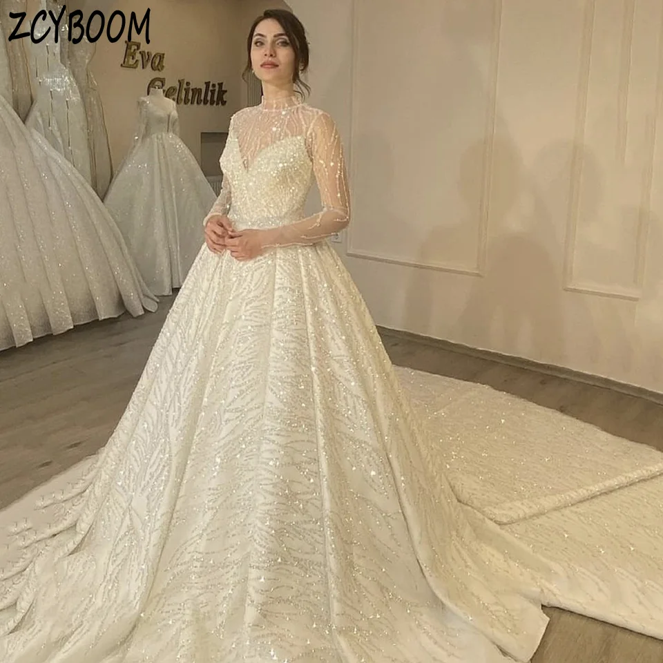 

Customized Lvory High-Neck Sequin Long Sleeves Wedding Dress 2025 A-Line Floor Length Sweep Train Zipper Custom Made Bridal Gown