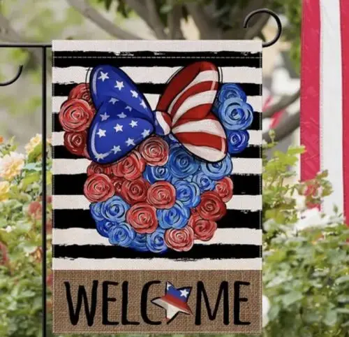 Welcome Mouse Ears ~ Red White & Blue Garden Flag ~ 12