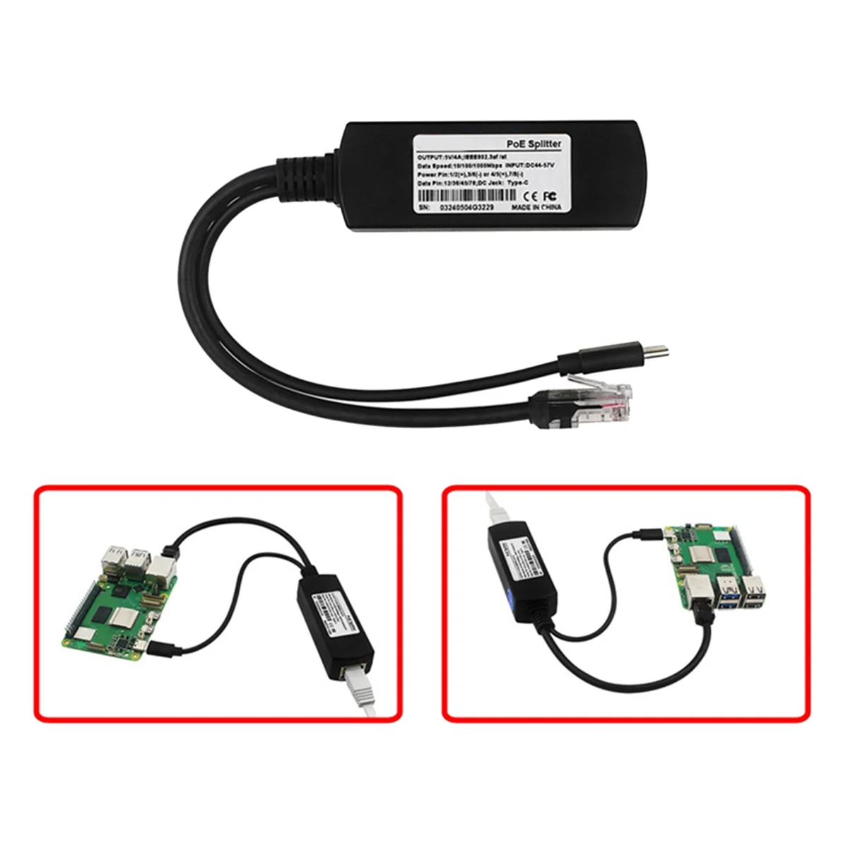 Divisor PoE tipo C para Raspberry Pi, 5V, 4A, 10 Mbps, 100 Mbps, 1000Mbps, 802.3af, At