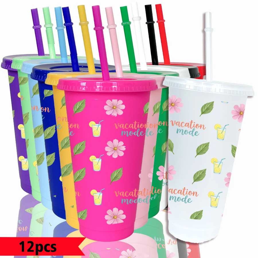 12pcs/pack Flowers Green Leaves Lemon Drink Patterns 26oz Colored Plastic Party Cold Cups for Back-to-school Birthday Gifts