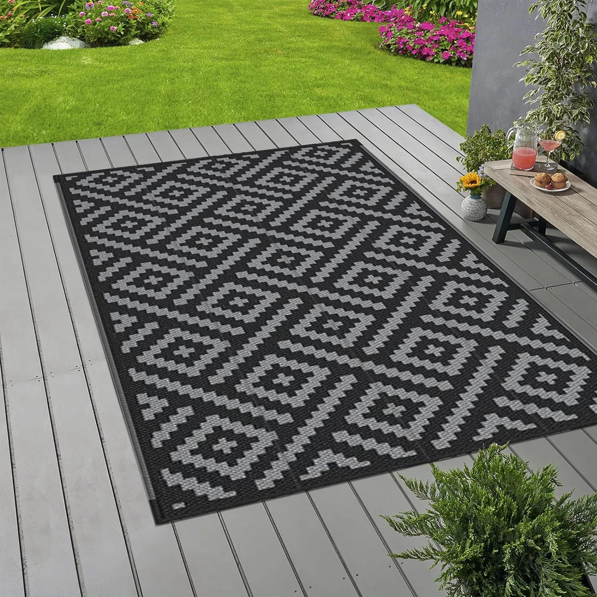 274*365 سنتيمتر أسود أبيض رمادي عكسها المحمولة مقاوم للماء السجاد منطقة في الهواء الطلق السجاد البلاستيك القش التخييم البساط نزهة الحصير #4