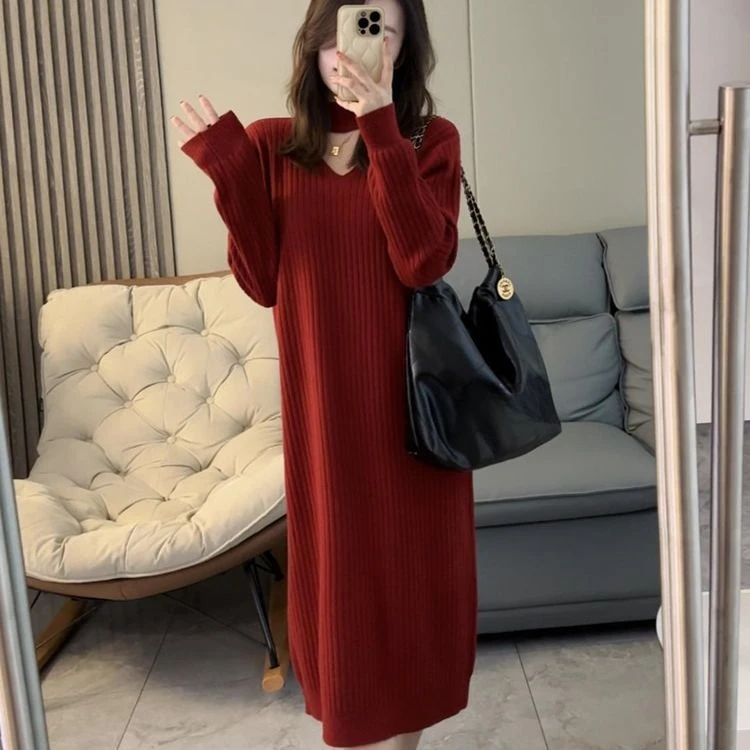 Korean V-neck knitted dress 2024 autumn and winter new fashion