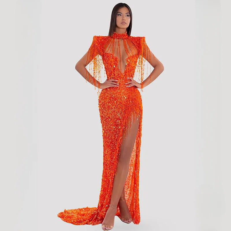 

Women's Solid Color Smart Tassel Sexy Sleeveless Hollow Half-open Collar High Waist High Slit Orange Sequin Dress Floor Dress