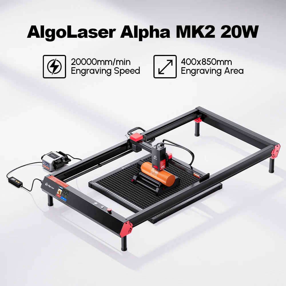 40x40CM/40X85CM 20W AlgoLaser Alpha MK2 with Air Pump/Rotary Chuck/Honeycomb Working Table/Raiser/10 pcs Marking Paper Free Gift