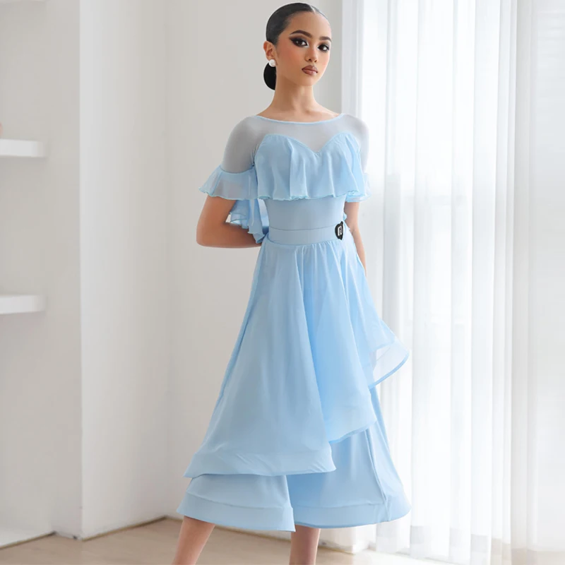 Costumes professionnels de danse latine bleue pour filles, robes de danse latine à volants, Costume de concours de danse de salle de bal pour enfants, SL12155