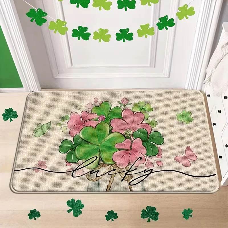 St. Patrick's Day Glücksgras Küchenteppich Rosa Kleeblatt Eukalyptus Matte Dekoration Frühling Irische Bodenmatte Türmatte Heimdekoration