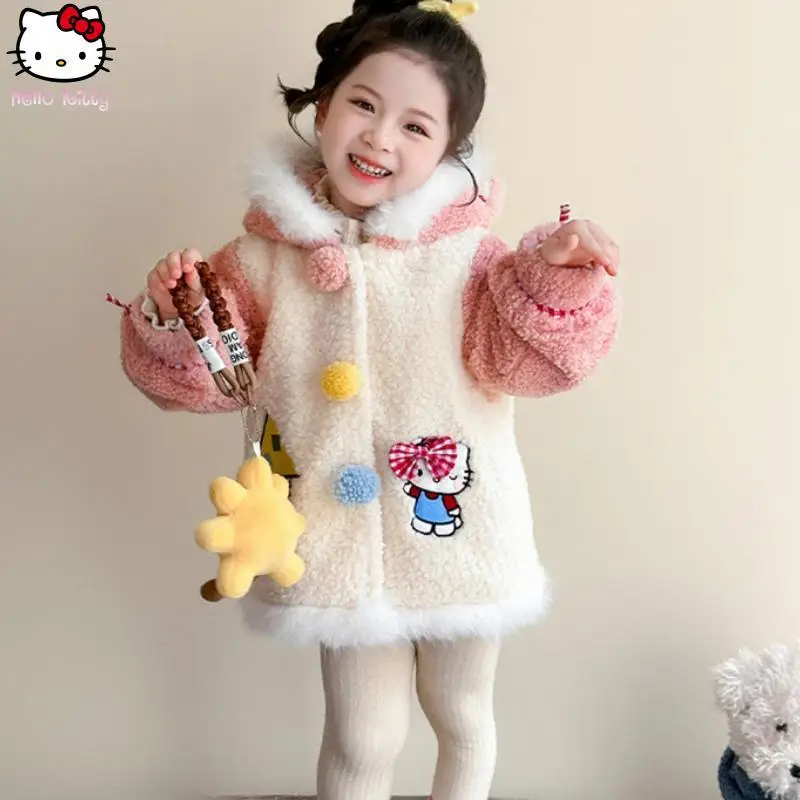 

Kids Hello Kitty Thickened Sweater Jacket Kawaii New Anime Autumn and Winter Cartoon Girls Fashion Cotton Coat Sanrio Warm Tops
