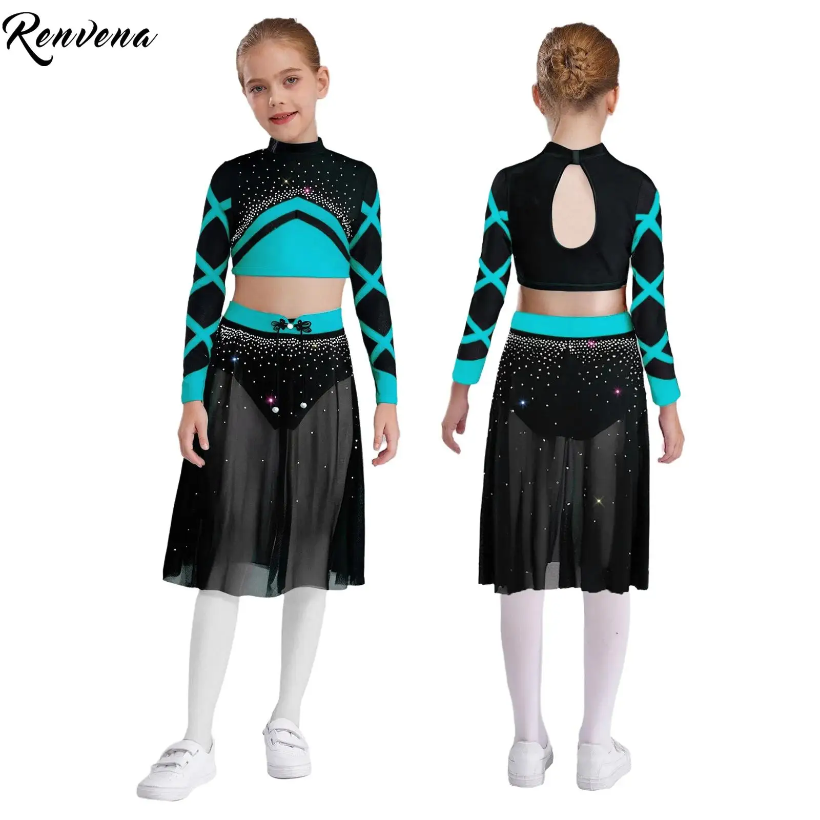 Tenue de danse de Ballet pour enfants filles, ensembles de danse contemporaine moderne lyrique, Costume à manches longues, haut en strass avec jupe en maille fluide