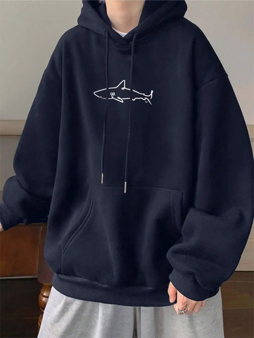 Simple Shark Printing Hoodie For Men Kangaroo Pocket Drawstring Pullovers Thermal Fleece Warm Sweatshirts Autumn Casual Clothes