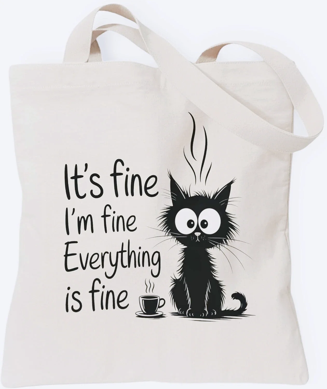Fun and Cute Minimalist Beige Canvas Shoulder Bag with Cat Coffee Cup Quote Pattern Handbag for Casual Daily Commuting Use