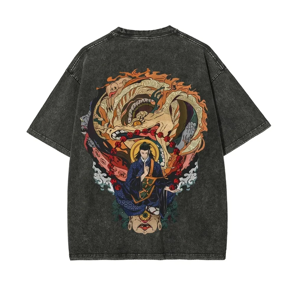 Suguru Geto T-Shirt Jujutsu Kaisen Herren Acid Wash Cursed Spirit Anime Grafik Streetwear Buddhistischer Stil Vintage Bootleg Tee