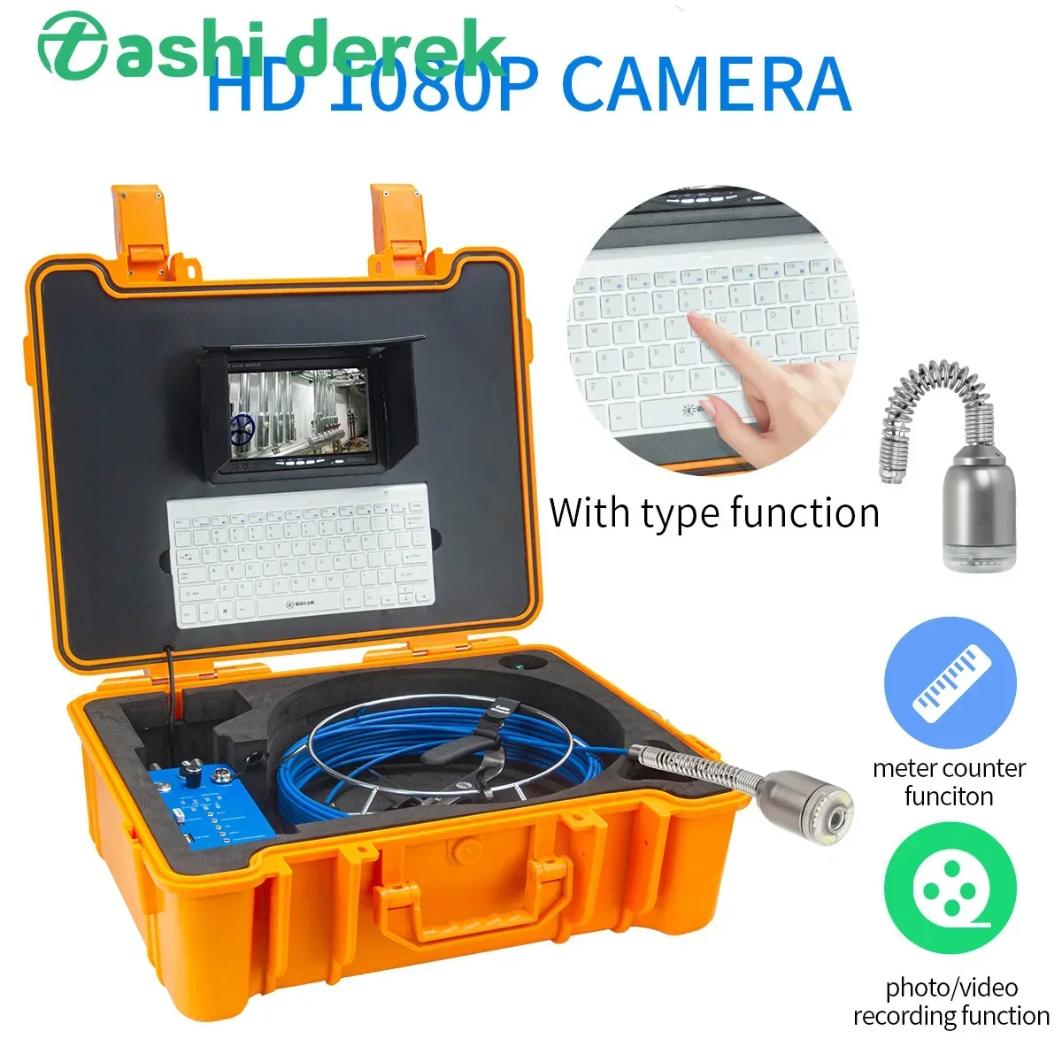 H1A Drain Sewer Pipeline Inspection Camera with Self Leveling Borescope Endoscope Video Recorder Support Meter Counting Function