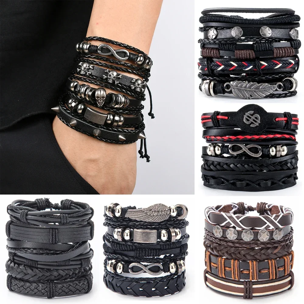 

Eif Dock Vinatge Gothic Punk Skull Star Metal Multilayer Leather Bracelet Men Bracelets & Bangles Male Arm Jewelry wholesale