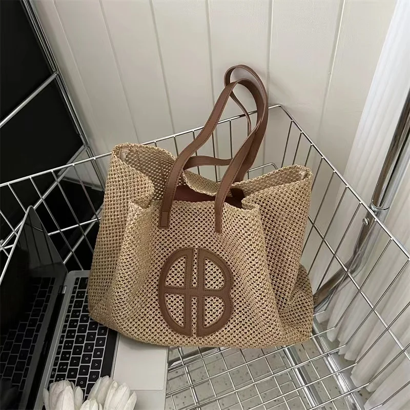 Sacola de tricô oco para mulheres, grande capacidade, bolsa de ombro artesanal, bolsa de praia casual, estilo étnico, designer, 2024