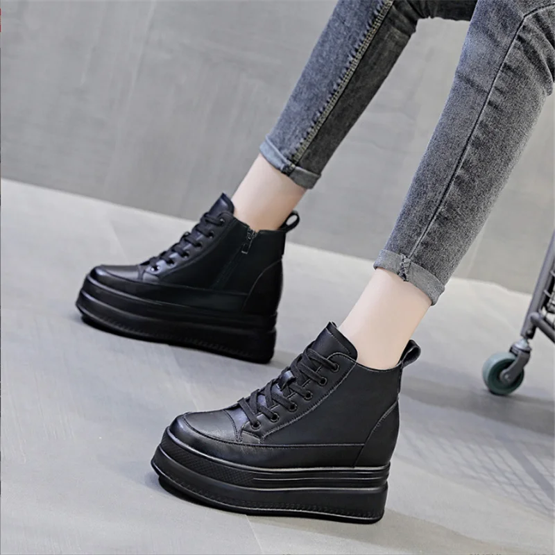 Women\'s Ankle Boots Winter Autumn Leather Chunky Shoe Woman Platform Height Increased Sneakers 8CM Thick Sole Wedges Black Boots