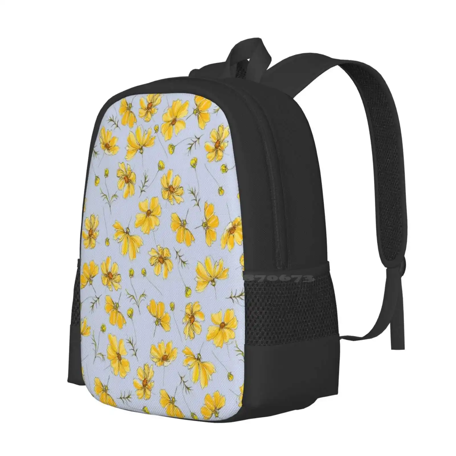 Yellow Cosmos Flowers Pattern Design Bag Student'S Backpack Cosmos Flowers Yellow Nature Gold Natural Daisy Wildflowers Floral