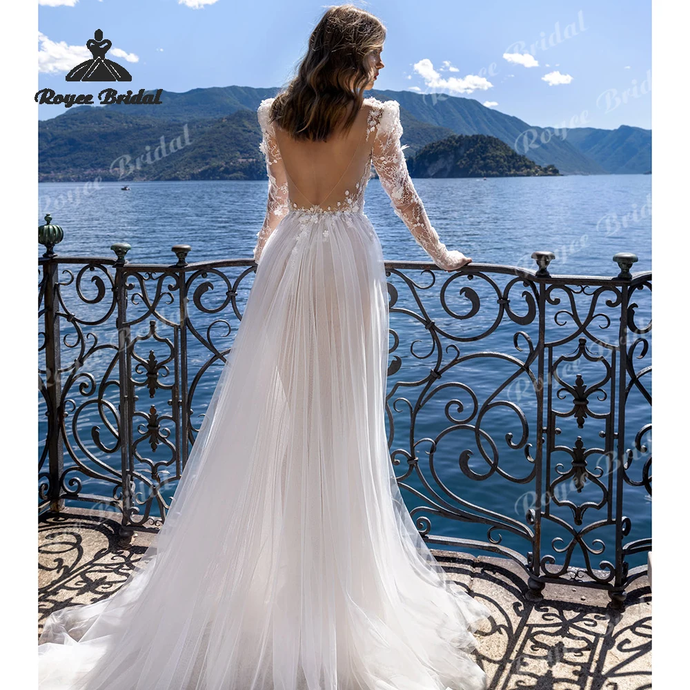 Sexy Appliques A Line Wedding Dresses 2026 Deep V Neck Backless Sheer Tulle Customized Beach Bridal Gown Custom Vestido De Novia