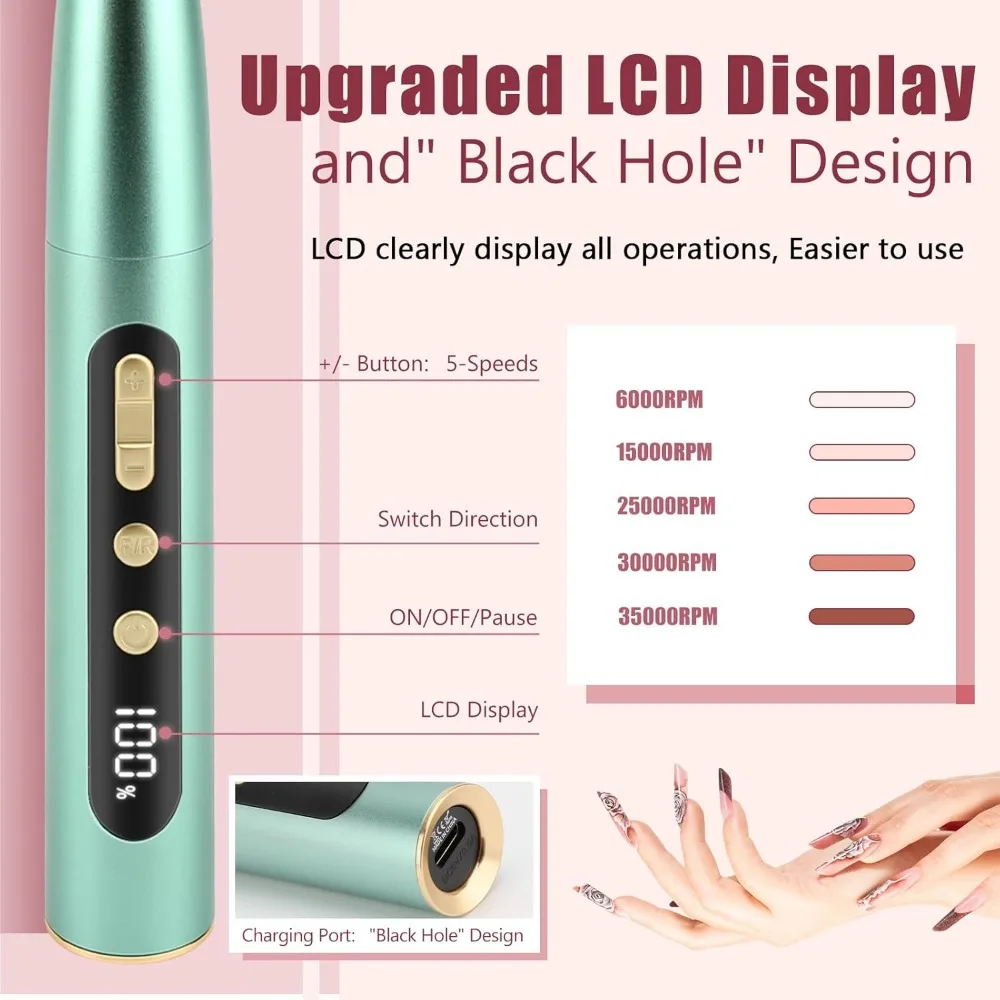 Cordless Electric Nails Drill Filer Set, Professional Manicure Pedicure Kit with Bits for Acrylic, Portable Electric Files & Bu