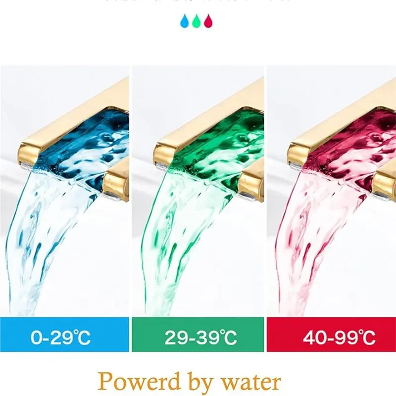 TKOH-LED Bathroom Sink Faucet, Single Handle Gold Waterfall Single Hole Handle Vanity Faucets Color Change By Water Flow