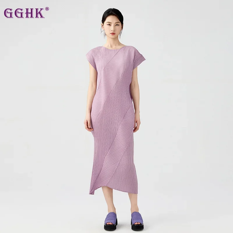 

GGHK Pleated Women Dresses Solid Color Round Neck Irregular Design Loose Large Size Folded Dresses 2025 Summer New Female