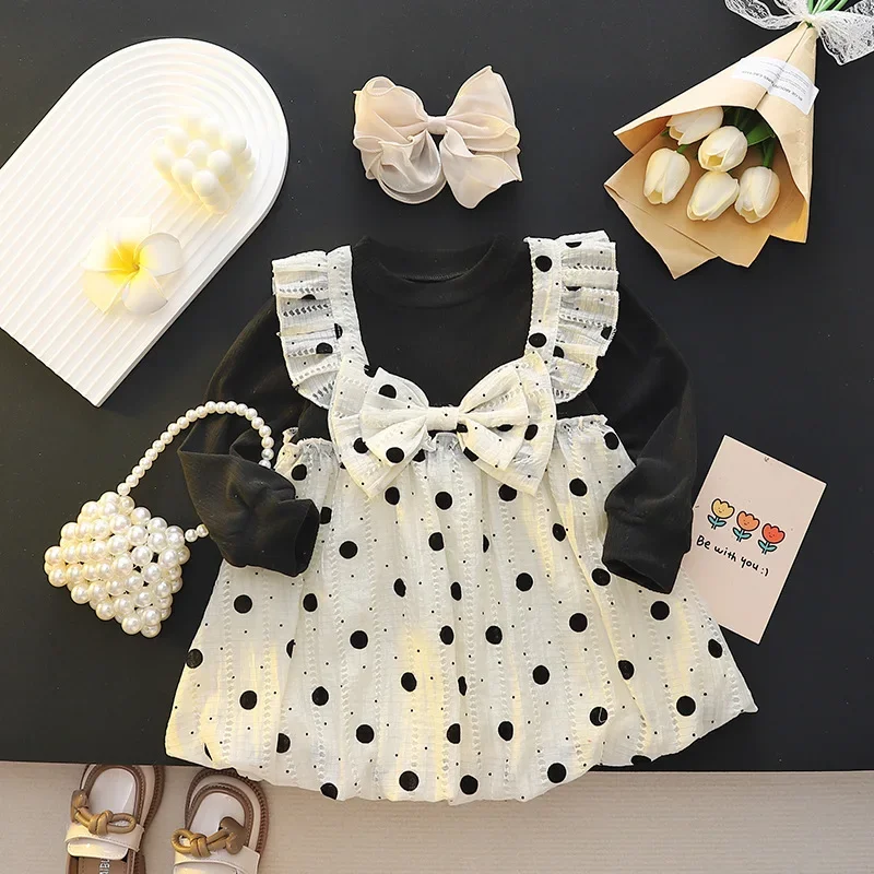 Baby Dresses for Girls Baby Girl Romantic Small Flying Sleeve Long Sleeve Ruffled Mesh Dress + Bow Headscarf Spring And Autumn