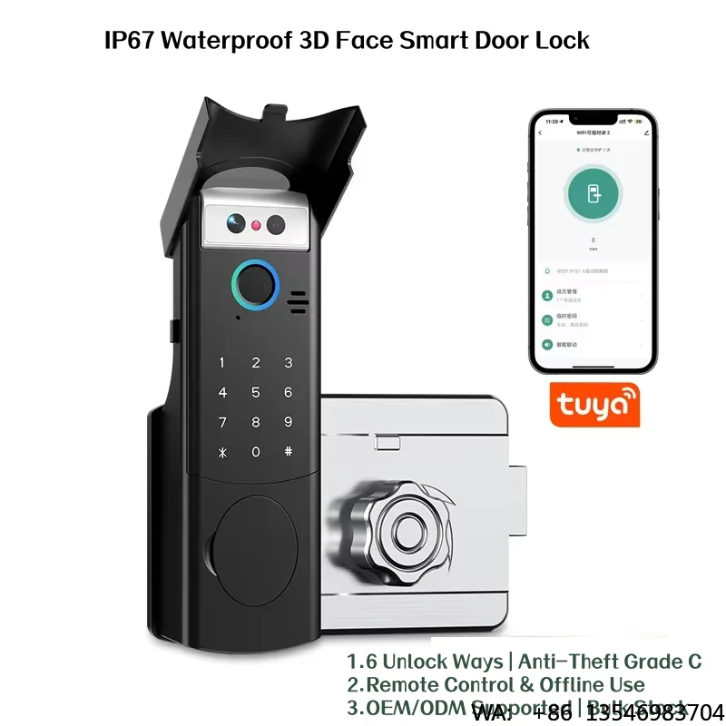 3D Face Recognition Front Door IP67 Waterproof Smart Lock Remote Keyless Fingerprint Password Unlock Cloud Wood Compatible