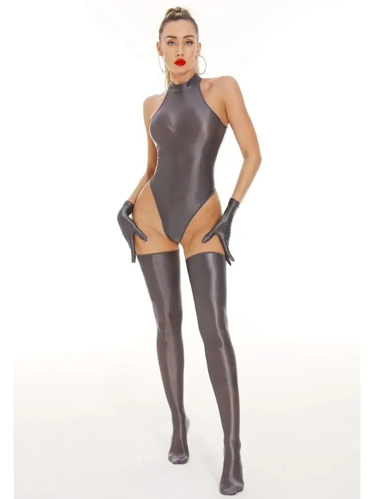 M XL Sleeveless Glossy Shiny Nylon Bodystocking Swimsuit High Cut Open Crotch Bodysuit Sukumizu Tight Sexy Body Teddies Clubwear