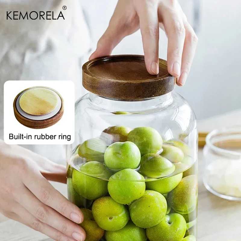 High Borosilicate Glass Acacia Wood Lid Glass Jar Food Airtight Storage Jar Large Storage Container Solid Wood Lid Pickle Jar