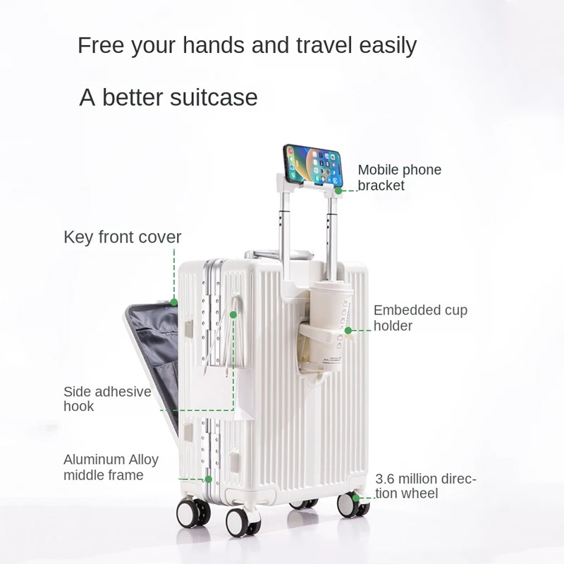 Travel Suitcase Trolley Case Front Opening Aluminum Frame Business Boarding Rolling Luggage with Cup Holder Password Suitcase