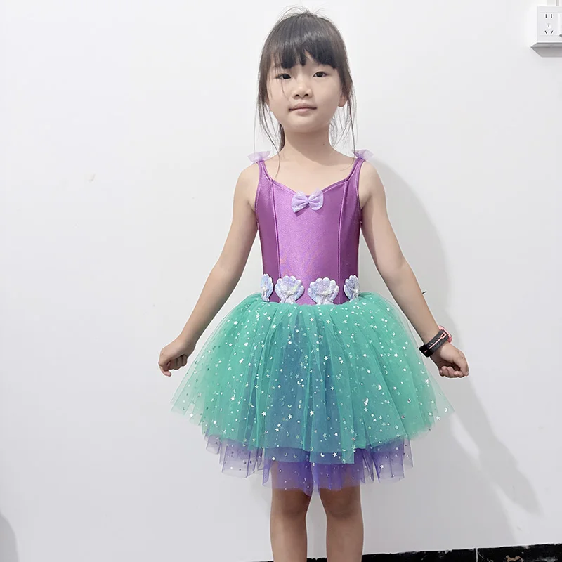Girls Mermaid Ballet Tutu Dress Purple Bodice with Shell Decor  Green Star Sequin Tulle Skirt for Party Stage  Performance