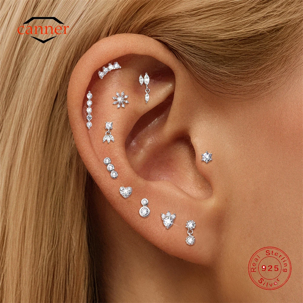 CANNER 1PC Moissanite Threaded Cartilage 925 Sterling Silver Piercing Earrings For Women Ins Geometric Horse Eye Earrings Gift