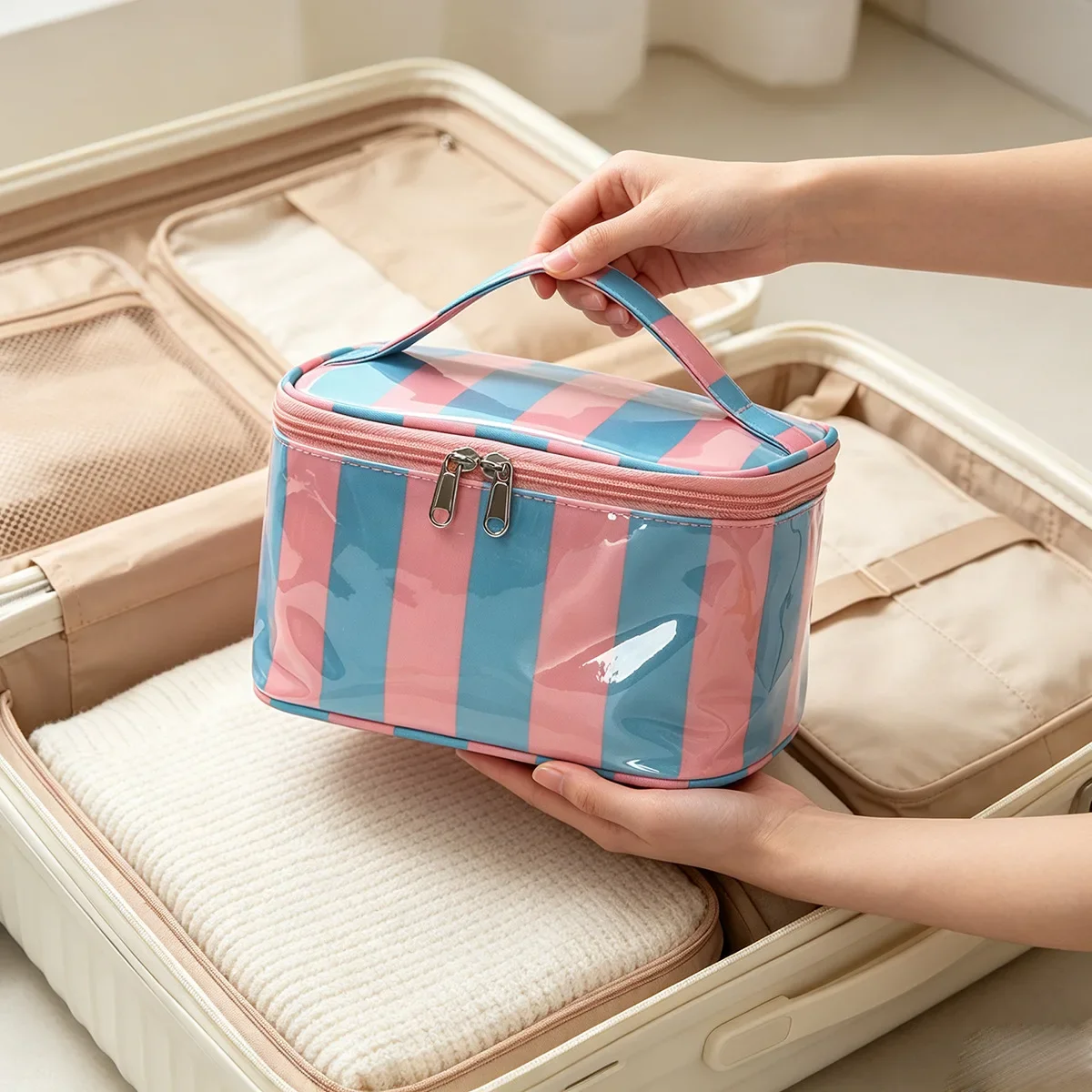 Women's Striped Cosmetic Bag Makeup Case Waterproof Handheld Cosmetic Organizer Large Capacity Travel Toiletry Bag Handbag