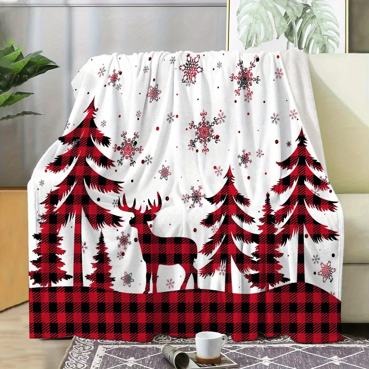 Cozy Red Plaid Reindeer Flannel Throw Blanket - Perfect for Christmas, Thanksgiving, Durable & Machine Washable