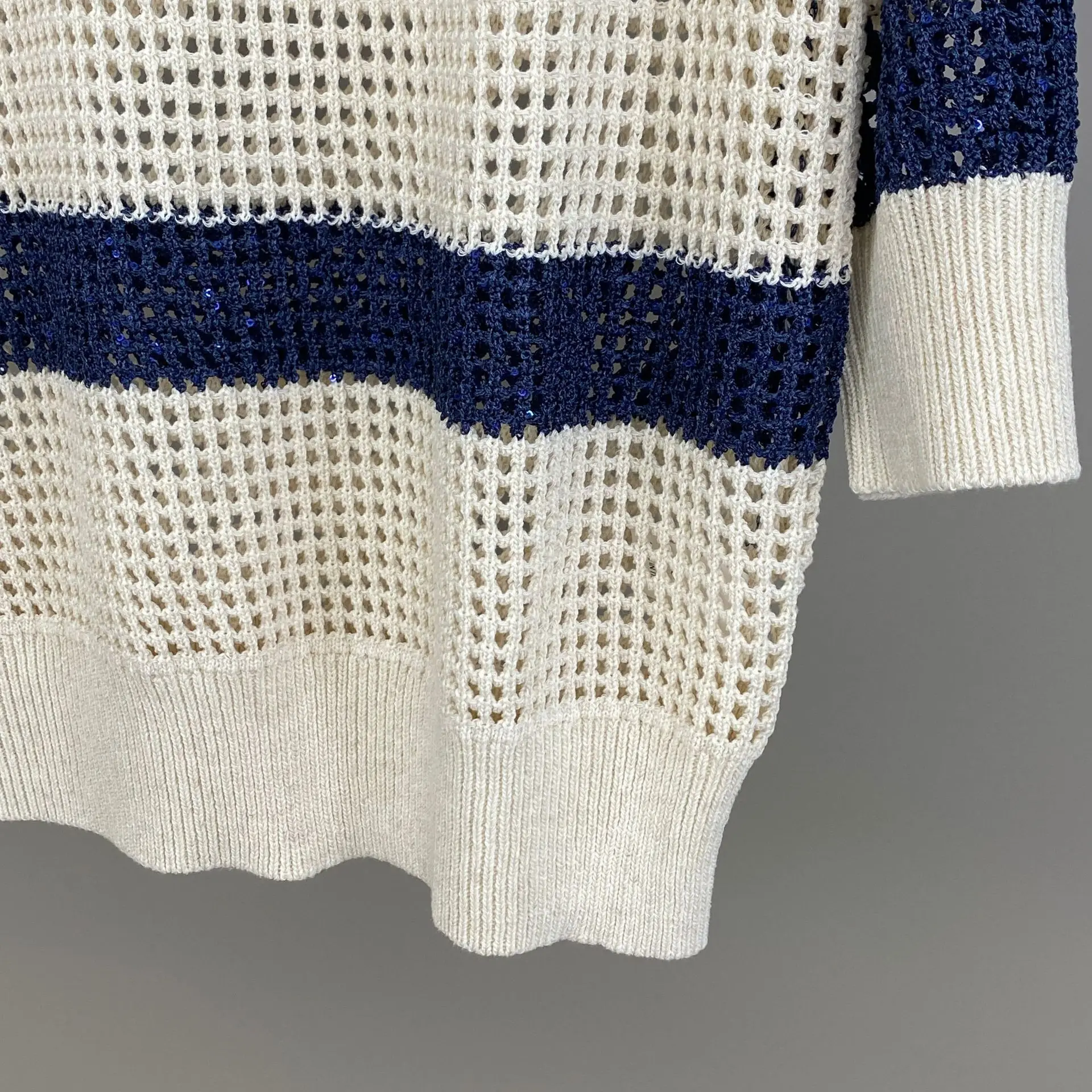 2026 Spring/Summer New Linen Striped Color Block Hollow-Out Sequined Round Neck Knitted Short-Sleeve Top For Women