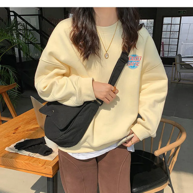 

Creamy Yellow Crew Baggy Sweatshirt Women Fleece Thicken Fashion Personality Printing Street Lazy Wind Long Sleeves Pullover Top