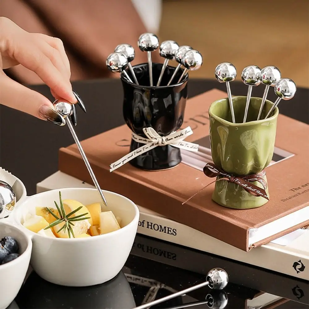 Creative Fruit Forks Set Bouquet Shape INS Dessert Forks with Storage Jar Round Head Comfortable Grip Fruit Receipt Jar