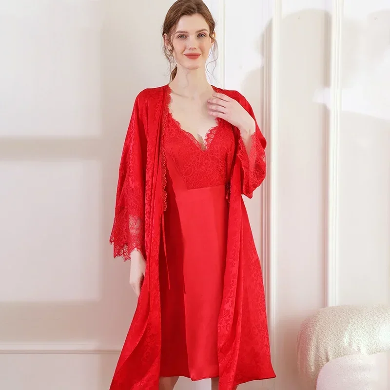 Jacquard Lace Trim Silk Robe with Sexy Nightgown 2pcs Sleepwear Set Luxury 100% Mulberry Silk Kimono Bathrobe and Nightdress PJs