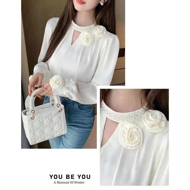 

Women Clothes Spring Autumn Fashion Casual Hollow Out Solid Color O-neck Ladies All-match Appear Thin Jacquard Long Sleeve Tops