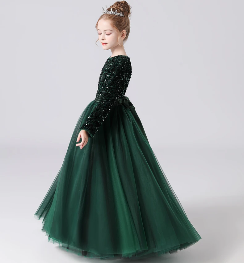 Sukienki dla dziewczynek sypiących kwiatki, szyte na miarę, z cekinami, tiulowe, z długim rękawem, na wesele, dla druhen, na wieczorne przyjęcie, sukienka na konkurs piękności dla dziewczynek.