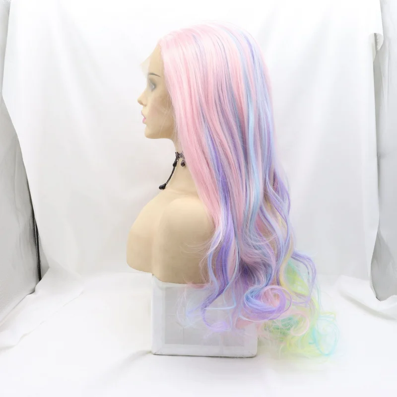 Hand-woven lace front Halloween synthetic wig with colorful large wavy long curls and comfortable rose net cap